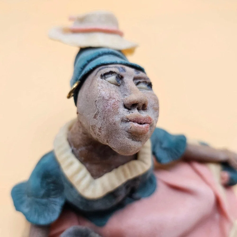 Artisan Signed Limited Edition Figurine Woman Basket Straw Hat Handcrafted RARE